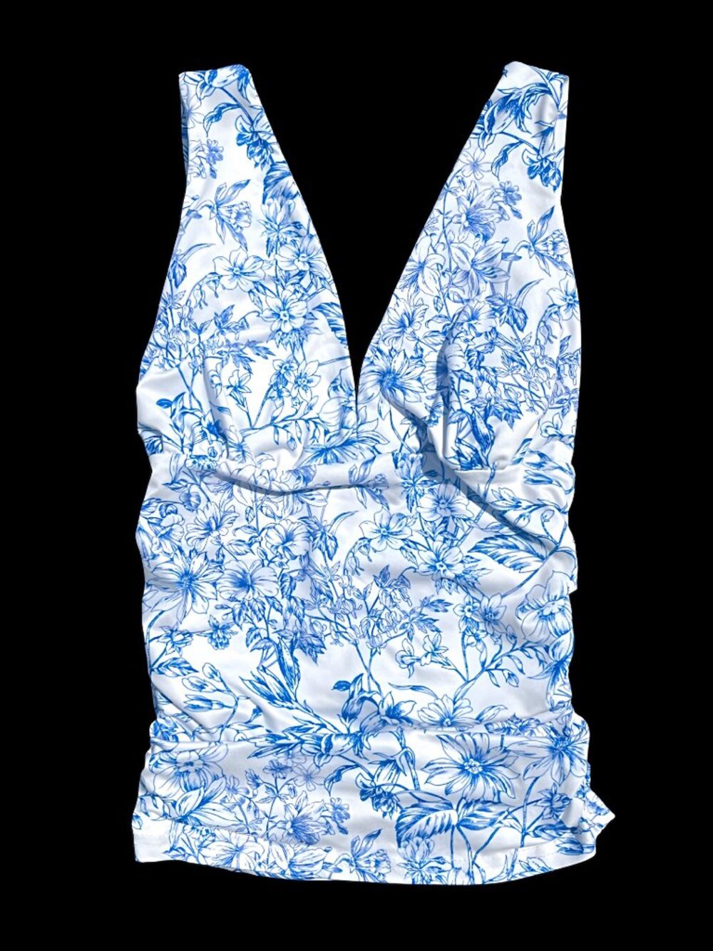 SHEIN Size XS Soleia Blue & White Floral Ruched V-Neck Tank Top